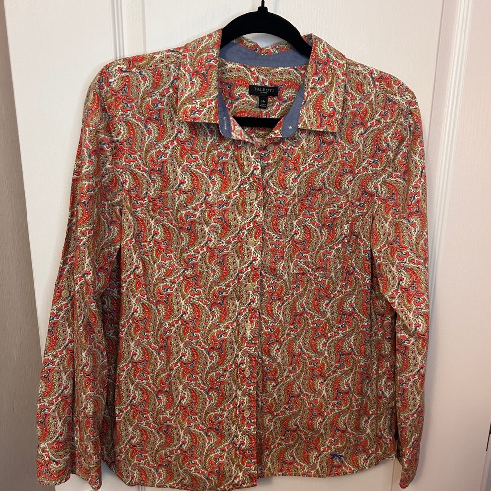 Talbots Paisley Print Button Down Shirt Womens 14P Red‎ Blue Gold Long Sleeve